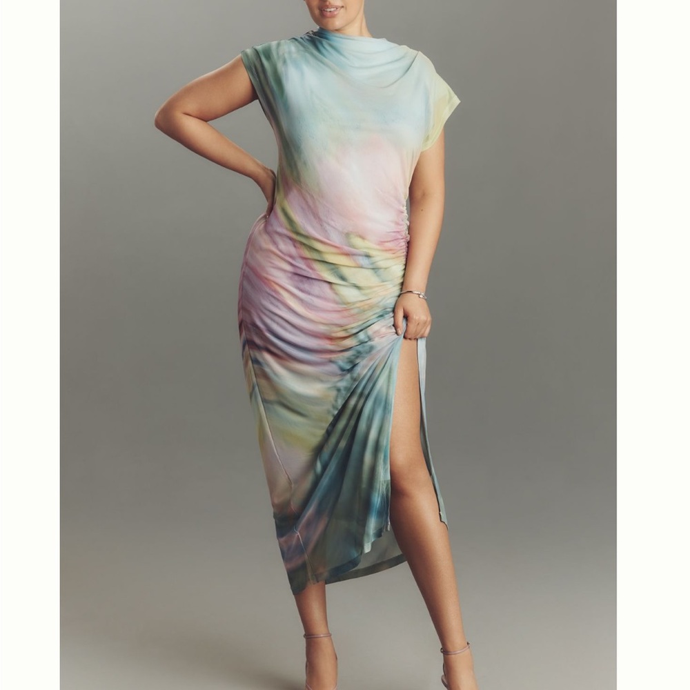 NEW Anthropologie Maya Ruched Cowl-Neck Dress Mesh Rainbow Watercolor Large - Picture 4 of 10